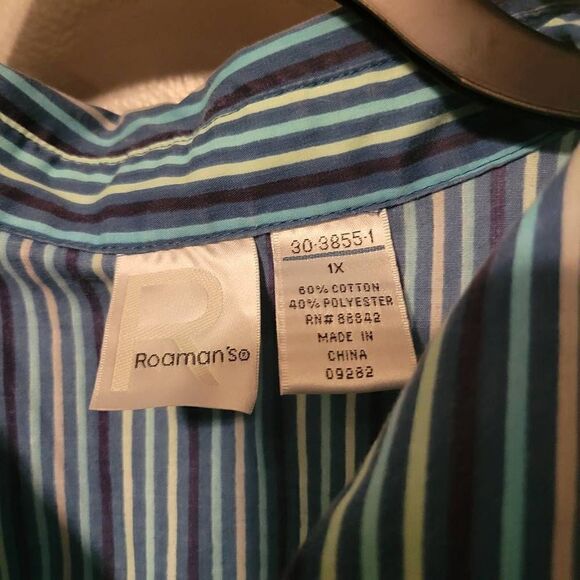 Roaman's Ladies Blue Cotton Button Down Striped Blouse Size 1X - Picture 4 of 4